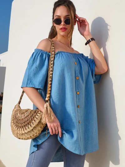 Royalfashion Ženska bombažna bluzica v španskem stilu z dekorativnimi gumbi