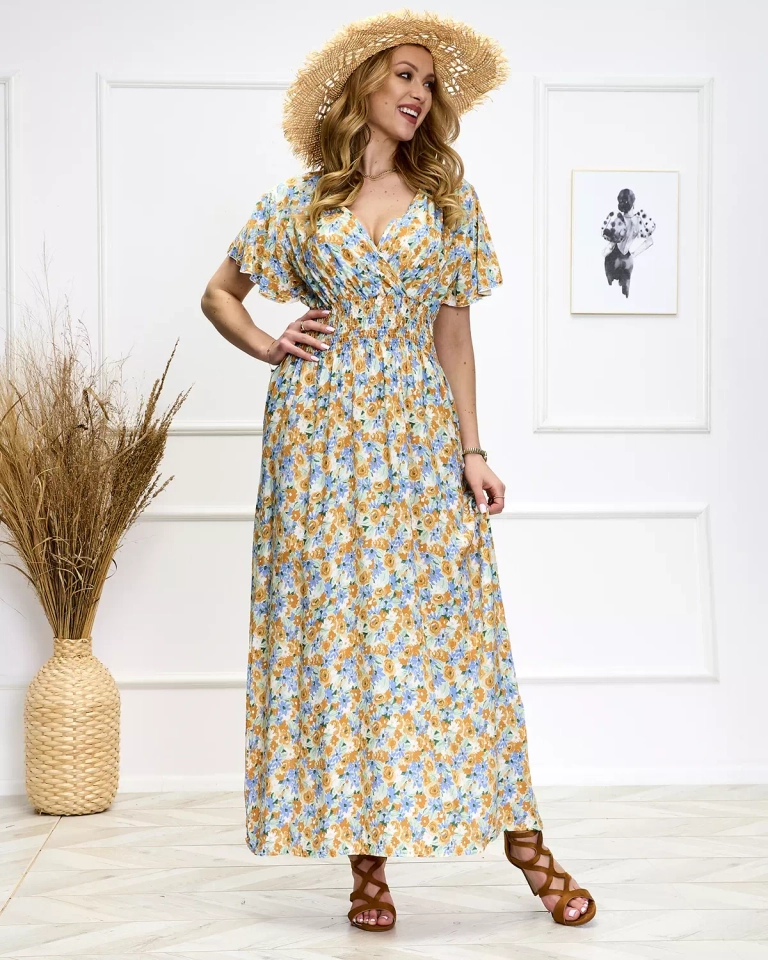 Royalfashion Niebiesko-żółta damska kwiecista sukienka midi