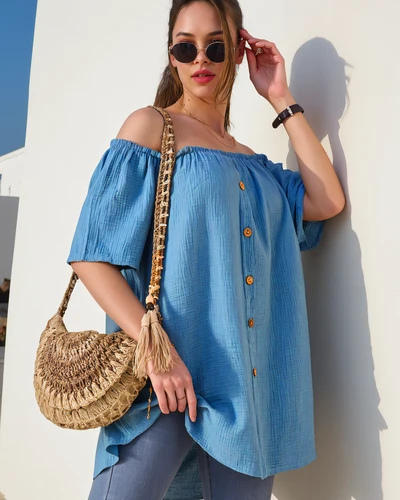 Royalfashion Ženska bombažna bluzica v španskem stilu z dekorativnimi gumbi