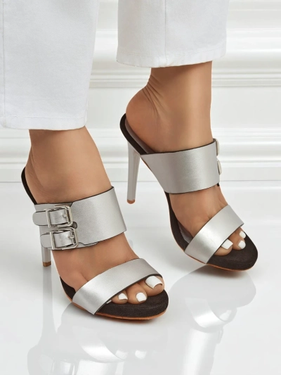 Sandali Aletheia srebrni s stiletto peto 12 cm ekološko usnje z oprijemalnimi trakovi