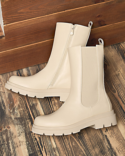 Royalfashion Beżowe damskie wysokie botki na płaskim obcasie Vedesa