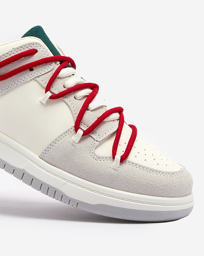 Royalfashion Biało - szare sportowe sneakersy damskie z czerwonymi sznurówkami Olierinc
