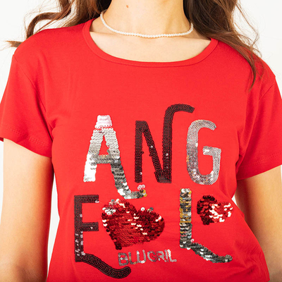 Royalfashion Czerwony damski t-shirt z napisem z cekinów