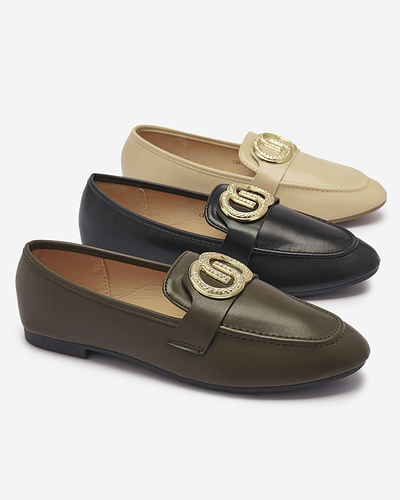 Royalfashion Ciemnozielone mokasyny damskie ze złotą ozdobą Uletta