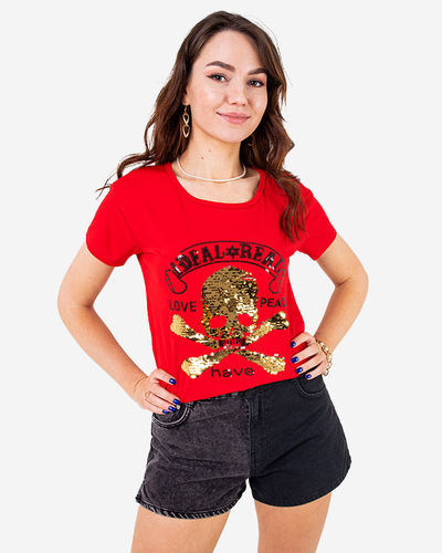 Royalfashion Czerwony damski t-shirt z cekinami i napisami