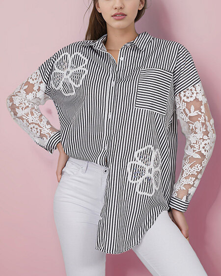 Royalfashion Ženska črtasta srajca s čipko