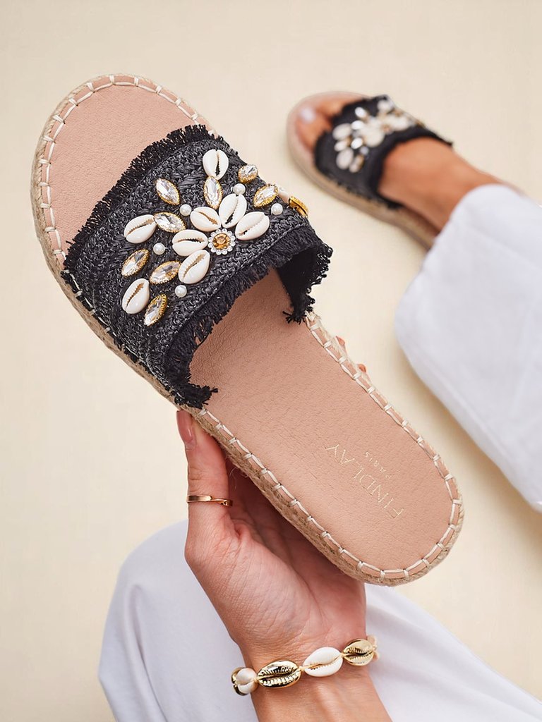 Ženski sandali Royalfashion Helena Decor črni espadrile s školjkami