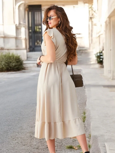 Royalfashion Ženska midi obleka z volančki in kratkimi rokavi