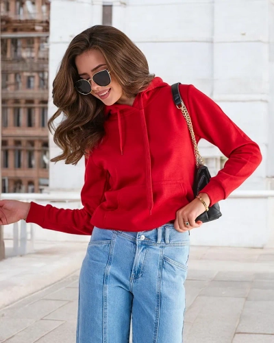 Czerwona damska ocieplana bluza z kapturem - Odzież