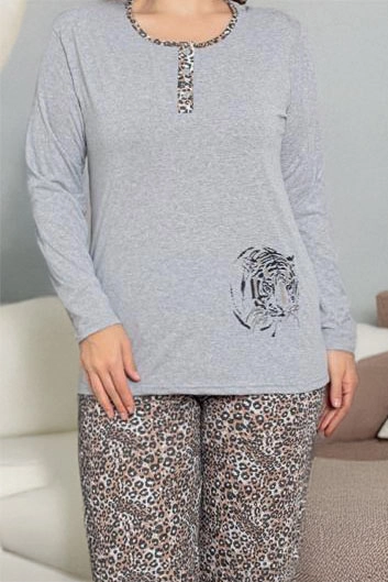 Royalfashion Sive ženske 2-delne pajamas z motivom leoparda VELIKOST PLUS