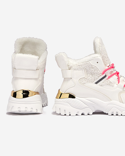 Royalfashion Białe sportowe buty damskie z futerkiem i neonowymi różowymi sznurówkami Sagglo