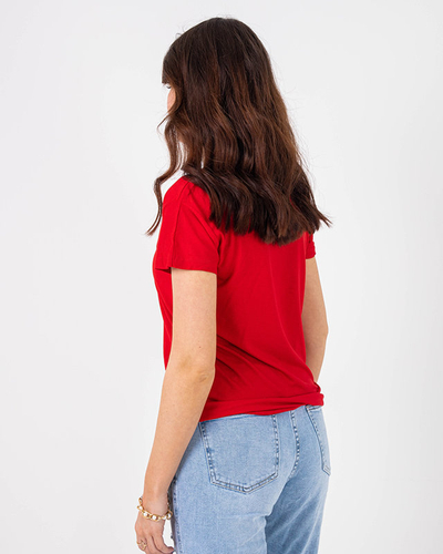 Royalfashion Czerwony damski t-shirt z kolorowym printem i cekinami