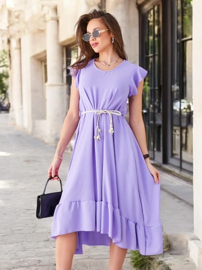 Royalfashion Ženska midi obleka z volančki in kratkimi rokavi