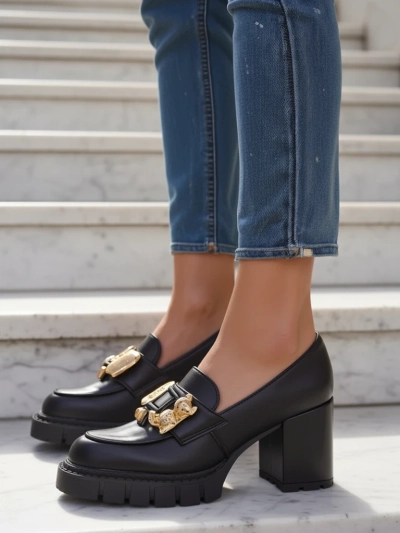 Ženski sandali Atene s stebričasto peto iz eko usnja v črni barvi