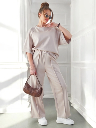 Royalfashion Ženska obleka s kratkimi rokavi in širokimi hlačami