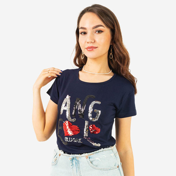 Royalfashion Granatowy damski t-shirt z napisem z cekinów