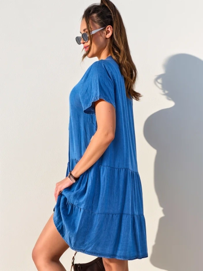 Royalfashion Ženska obleka v tunikastem slogu z zadrgo na vratu, denim tip