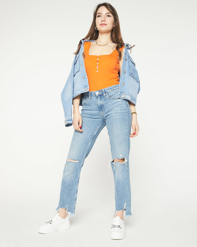 Pomarańczowy damski top z cyrkoniami a'la guziki- Odzież