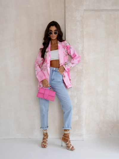 Royalfashion Ženski blazer brez zapiranja z rožnatimi cvetovi