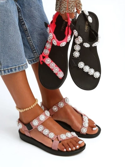 Sandali Letitia Royalfashion roza s platformo - biserni džeti klasični