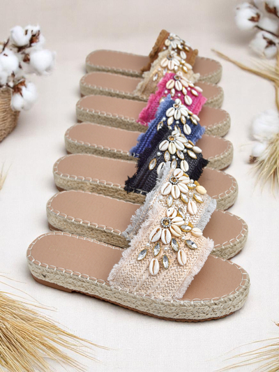 Ženski sandali Royalfashion Helena Decor črni espadrile s školjkami