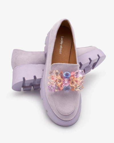 OUTLET Royalfashion Fioletowe damskie mokasyny z kolorowymi kryształkami Crystal Glam