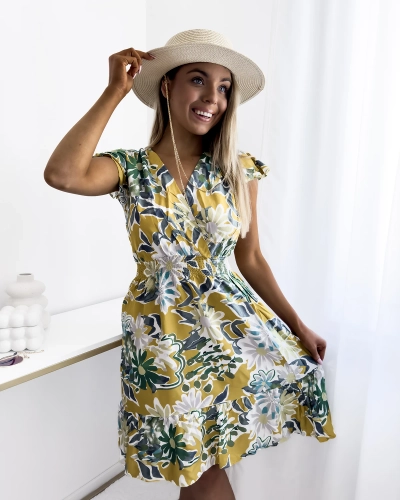 Royalfashion Musztardowa sukienka damska mini z printem w kwiaty