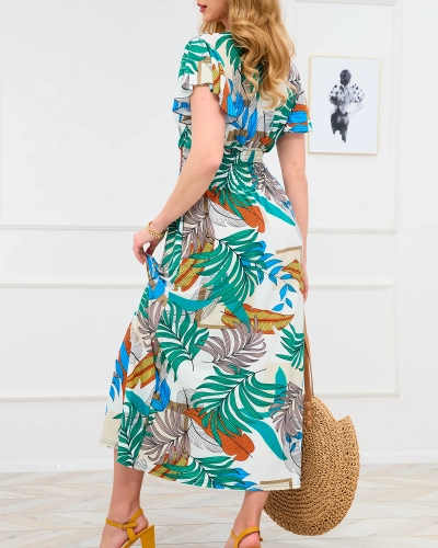 Royalfashion Biała damska długa sukienka z kolorowym roślinnym wzorem