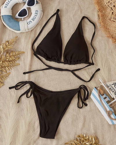 Czarny prążkowany dwuczęściowy strój kąpielowy damski PLUS SIZE - Bielizna
