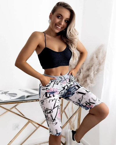 Royalfashion Ženske 3/4 kratke hlače z belim in modrim potiskom PLUS SIZE