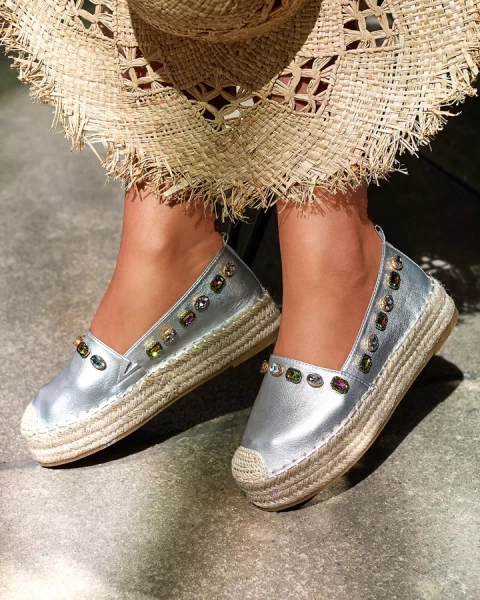 Royalfashion Damskie srebrne espadryle z kryształkami Ziennie