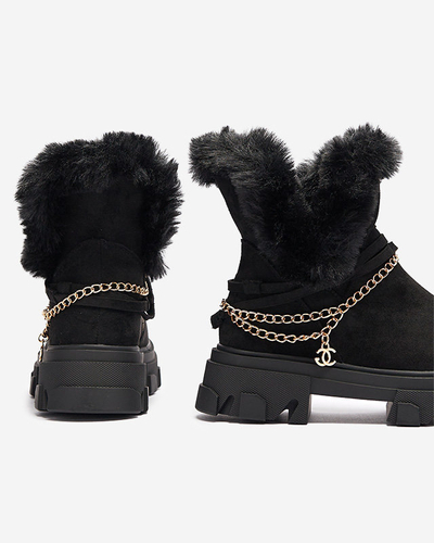 Royalfashion Czarne damskie eko-zamszowe botki z łańcuszkiem Videric