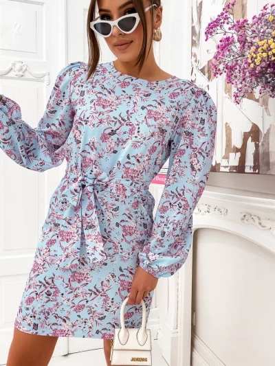 Royalfashion cvetlična mini obleka za ženske s puff rokavi in pasom