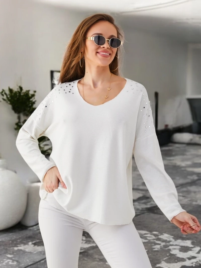 Royalfashion Ženski tanek viskozni pulover z diamanti na ramenih