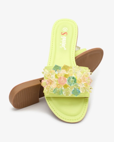 Royalfashion Neonowe zielone damskie klapki z kolorowymi kryształkami Bling Breeze