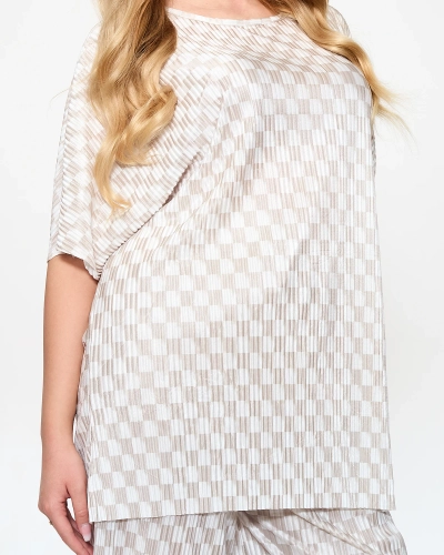 Royalfashion Beżowy damski plisowany wzorzysty komplet