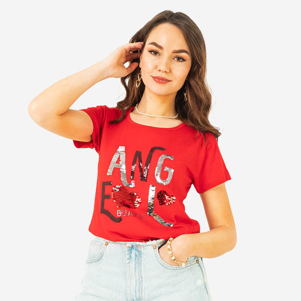 Royalfashion Czerwony damski t-shirt z napisem z cekinów