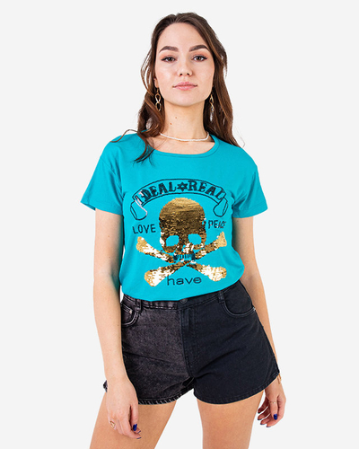 Royalfashion Niebieski damski t-shirt z cekinami i napisami