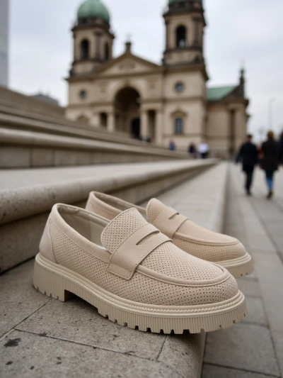 Ženski loafers Callista bež, ekološko usnje, ravna peta 4 cm