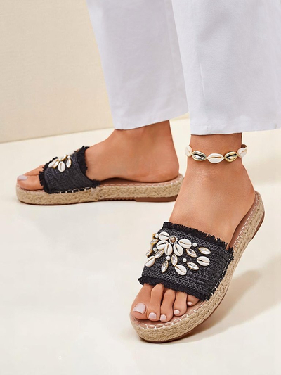 Ženski sandali Royalfashion Helena Decor črni espadrile s školjkami