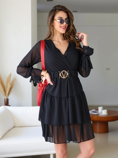 Royalfashion Ženska mini obleka s čipkastimi robovi in ovitkom okoli vratu