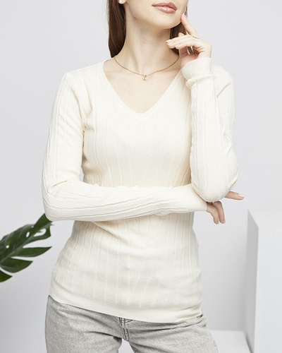 Royalfashion Sweter damski z dekoltem w serek w kolorze beżowym