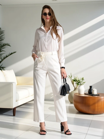 Royalfashion Viskozne ravne ženske hlače z rožo