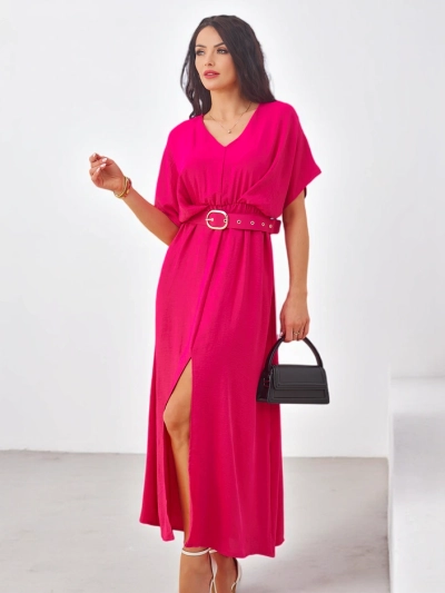 Royalfashion Ženska midi obleka s kratkimi rokavi, V-izrezom in osrednjim razporkom