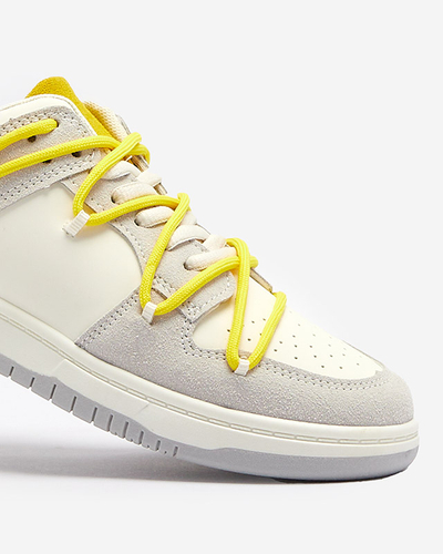 Royalfashion Biało - szare sportowe sneakersy damskie z żółtymi sznurówkami Olierinc