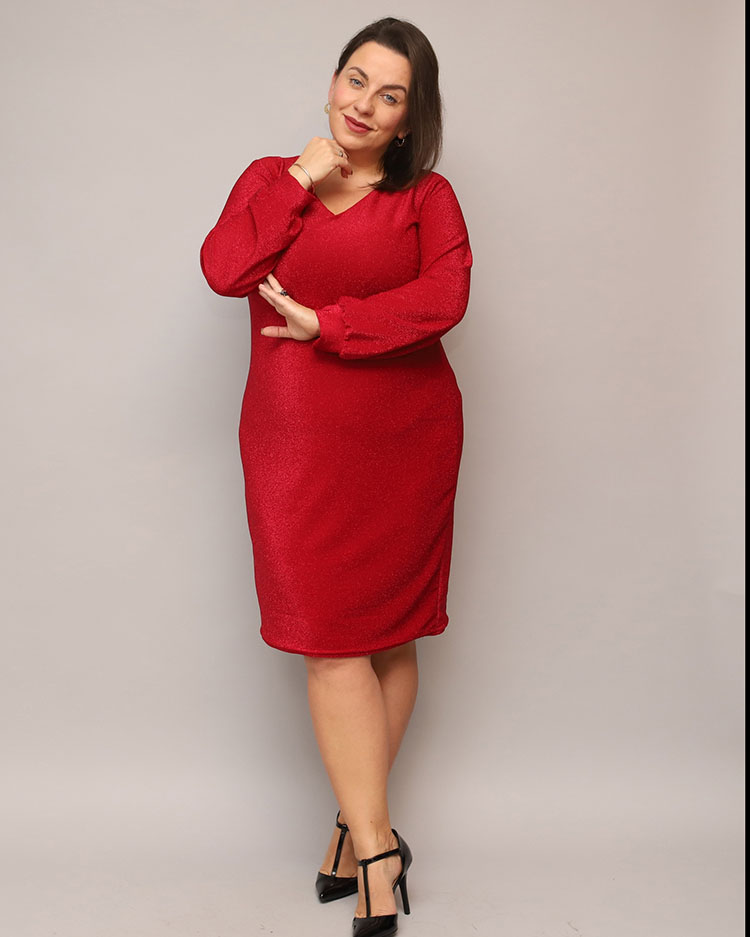 Royalfashion Bleščeča ženska obleka pred koleni v rdeči barvi PLUS SIZE