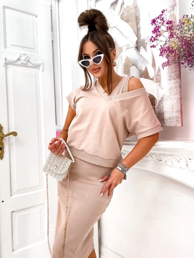 Royalfashion Ženski set z vrhom, ki razkriva, in obleko do kolen