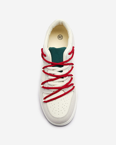 Royalfashion Biało - szare sportowe sneakersy damskie z czerwonymi sznurówkami Olierinc
