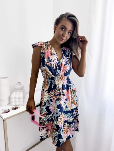 Royalfashion Granatowa sukienka damska mini z printem w kwiaty