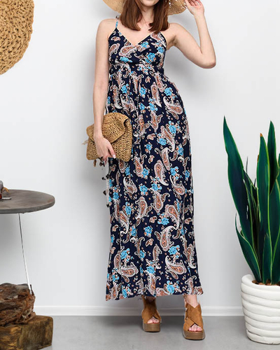 Granatowa zwiewna damska sukienka maxi - Odzież